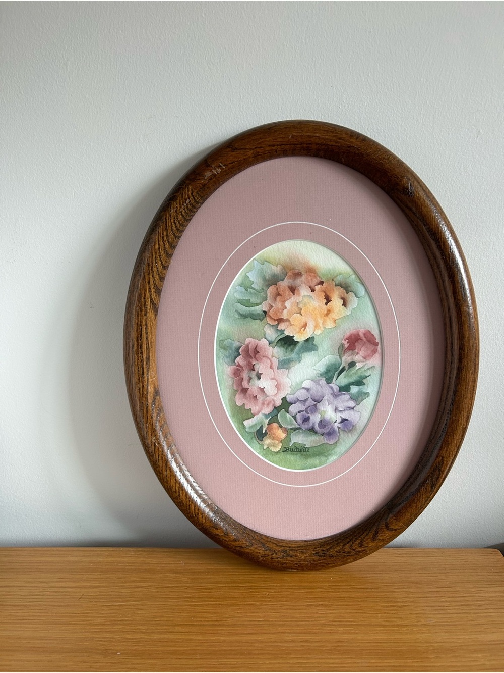 Vintage Original Floral Watercolor Wall Art in Pink Mat and Wood Frame